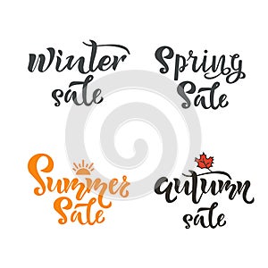 Set of handwritten season sale inscriptions. Winter, spring, summer and autumn sale vector hand lettering. Brush