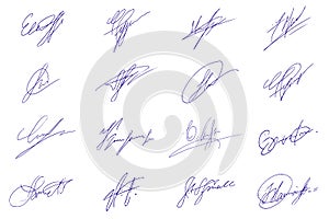 Set of handwritten signatures in blue isolated on white background. Business concept, documents, consent