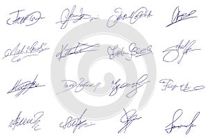 Set of handwritten signatures in blue isolated on white background. Business concept, documents, consent