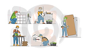 Set of Handyman Service Works, Men Installing Door, Set Up Heating System Pipes, Laying Tiles on Wall, Fixing Leakage