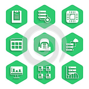 Set Hangar with servers, Hierarchy organogram chart, Server, Data, Web Hosting, Network cloud connection, Monitor graph