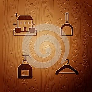 Set Hanger wardrobe, Home cleaning service, Bottle of liquid soap and Dustpan on wooden background. Vector