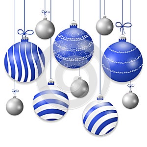 Set hanging blue and silver Christmas balls. Decorative baubles elements isolated on white background for holiday design. Vector