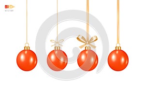 Set of Hanging Christmas Toys. Traditional Christmas Tree Toy - Shiny Red Ball hanging on a golden thread, on a ribbon, with a bow