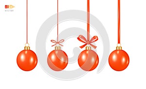 Set of Hanging Christmas Toys. Traditional Christmas Tree Toy - Shiny Red Ball hanging on a red thread, on a ribbon, with a bow.