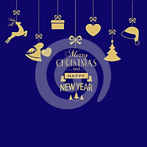 Set of hanging golden Christmas ornaments on dark blue background