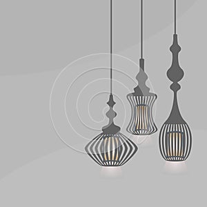 Set of hanging lanterns light chandeliers on gray background