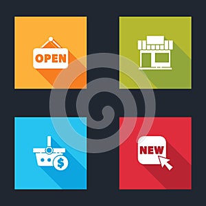 Set Hanging sign with Open, Shopping building or market store, basket and dollar and Button text New icon. Vector