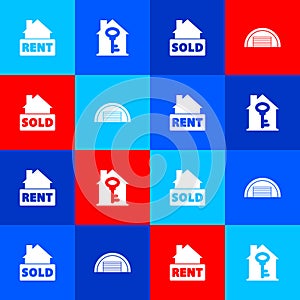 Set Hanging sign with Rent, House key, text Sold and Garage icon. Vector