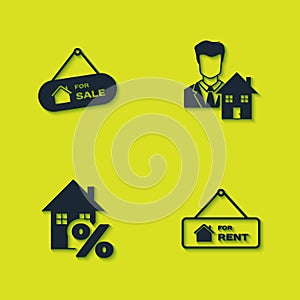 Set Hanging sign with For Sale, Rent, House percant and Realtor icon. Vector