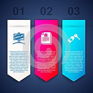 Set Hanging sign with Sold, House contract and key. Business infographic template. Vector