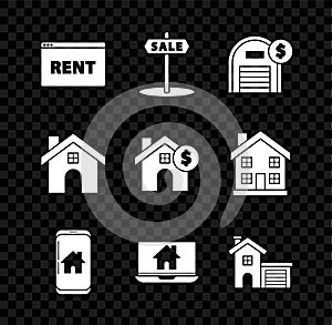 Set Hanging sign with text Online Rent, Sale, Warehouse dollar symbol, Mobile phone smart home, Laptop and, House, and