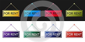 Set Hanging sign with text For rent icon isolated on black and white background. Vector