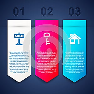 Set Hanging sign with text Sold, House key and . Business infographic template. Vector