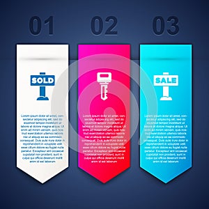 Set Hanging sign with text Sold, House key and Sale. Business infographic template. Vector