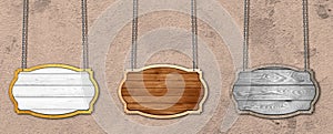 Set of Hanging Wooden Labels in Textured Wall. Rustic wood frame Collection Design. frames, Vintage beards hang with chains, old