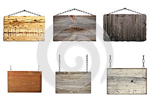 Set of hanging wooden signs on metal chains