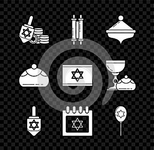 Set Hanukkah dreidel and coin, Torah scroll, Jewish calendar with star of david, Balloons ribbon, sweet bakery and Flag