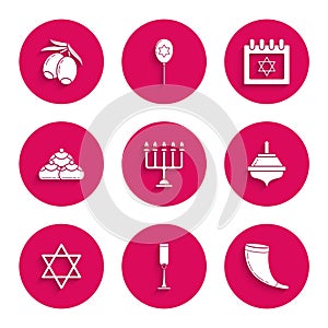 Set Hanukkah menorah, Jewish goblet, Traditional ram horn, shofar, dreidel, Star David, sweet bakery, calendar with star