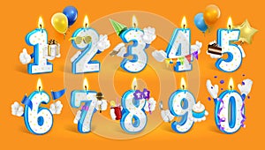 Set of Happy Birthday candle numbers. Vector illustration on orange background.