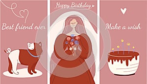 Set Happy Birthday cards with cute girl, flowers,cake,candles.Happy birthday,best friends ever,make a wish.Vector flat
