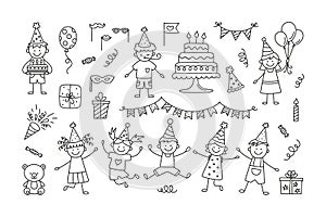Set of Happy Birthday doodles. Sketch of party decoration, funny children, gift box and cute cakes with candles