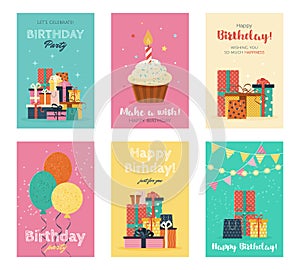 Set of Happy Birthday greeting cards or party invitations.