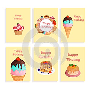 Set of happy birthday greeting cards on a yellow background. A4 format greeting card set templates. illustration text