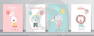 Set of happy birthday, holiday, baby shower celebration greeting and invitation card. Cute animals with balloon design.Vector illu