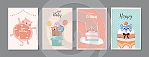 Set of happy birthday, holiday, baby shower celebration greeting and invitation card. Cute animals design with cake.Vector illustr