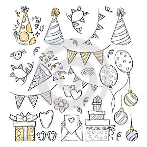 Set of Happy Birthday and holiday doodles. Hand drawn outline party decoration, gift box, Christmas ball, gifts