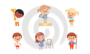 Set of happy boys and girls winners with medal, goblet and certificate vector illustration