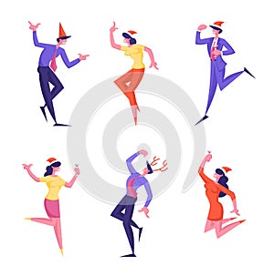 Set of Happy Business People Characters in Santa Hats Celebrating Christmas or New Year Party Holiday in Office Dancing