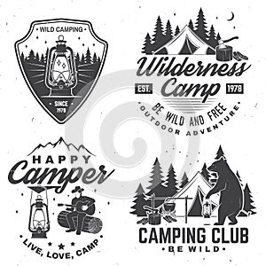 Set of Happy camper outdoor adventure symbol. Vector. Concept for shirt or logo, print, stamp. Vintage design with