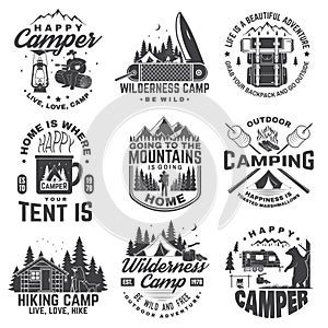 Set of Happy camper outdoor adventure symbol. Vector. Concept for shirt or logo, print, stamp. Vintage design with