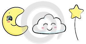 Set happy cartoon cute baby moon, cloud and star vector sticker illustration isolated card