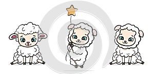 Set happy cartoon cute baby sheep sitting with stars vector sticker illustration isolated card