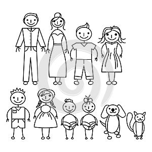 Set of happy cartoon doodle figure family, stick man. Stickman Illustration Featuring a Mother and Father and Kids