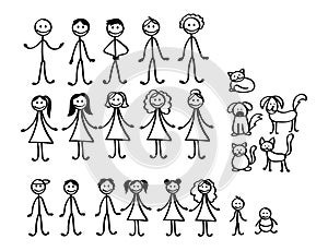 Set of happy cartoon doodle figure family, stick man. Stickman Illustration Featuring a Mother and Father and Kids