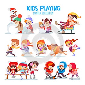 Set of happy cartoon kids playing outdoors in winter.