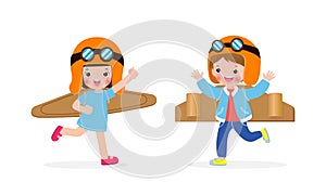 Set of Happy Children boy and girl Playing toy plane cardboard, Little cute kid in an astronaut costume, Portrait of funny child