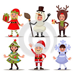 Set of happy children dressed in Christmas costumes. Elf, snowman, reindeer, Santa Claus, Christmas tree, snowflake. Vector illus