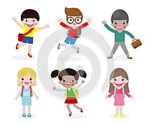 Set of happy children go to school, back to school,education concept, school kids, isolated on white background