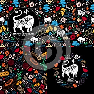 Set of Happy Chinese New Year 2021 traditional background with ox Chinese Translation Bull