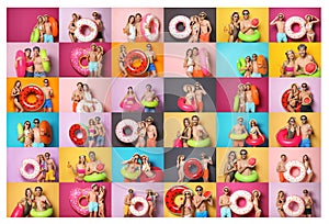 Set of happy couples with bright inflatable rings