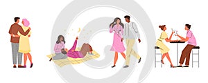 Set of happy couples on datings flat style, vector illustration