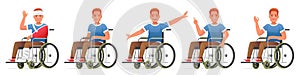 Set of happy disabled person in a wheelchair. Man with a bandaged head, in a cast, sits in a wheelchair, waves his hand, points to