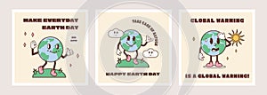 Set for Happy Earth Day Card. Vintage nostalgia cartoon earth planet character mascot with environment friendly slogan photo