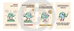 Set for Happy Earth Day social media ig stories template. Vintage nostalgia cartoon planet earth mascot with photo