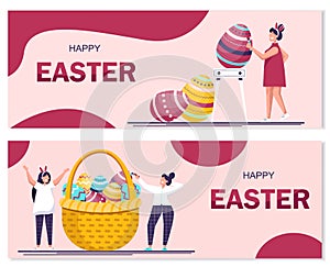 Set of Happy Easter banner vector illustration. People celebrate Easter and paint eggs